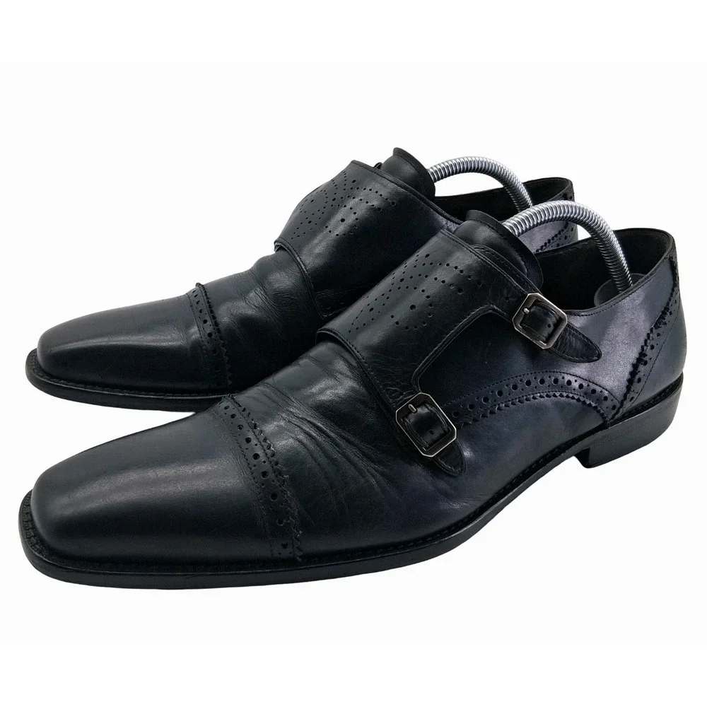 Mezlan Shoes Mens Size 10 Black Leather Double Monk Strap Dress Square Toe 15446